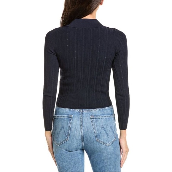 SANDRO Cropped Ribbed Pointelle Knit Cardigan Sweater Navy Blue Eyelet Gold HW 1 - Picture 3 of 12